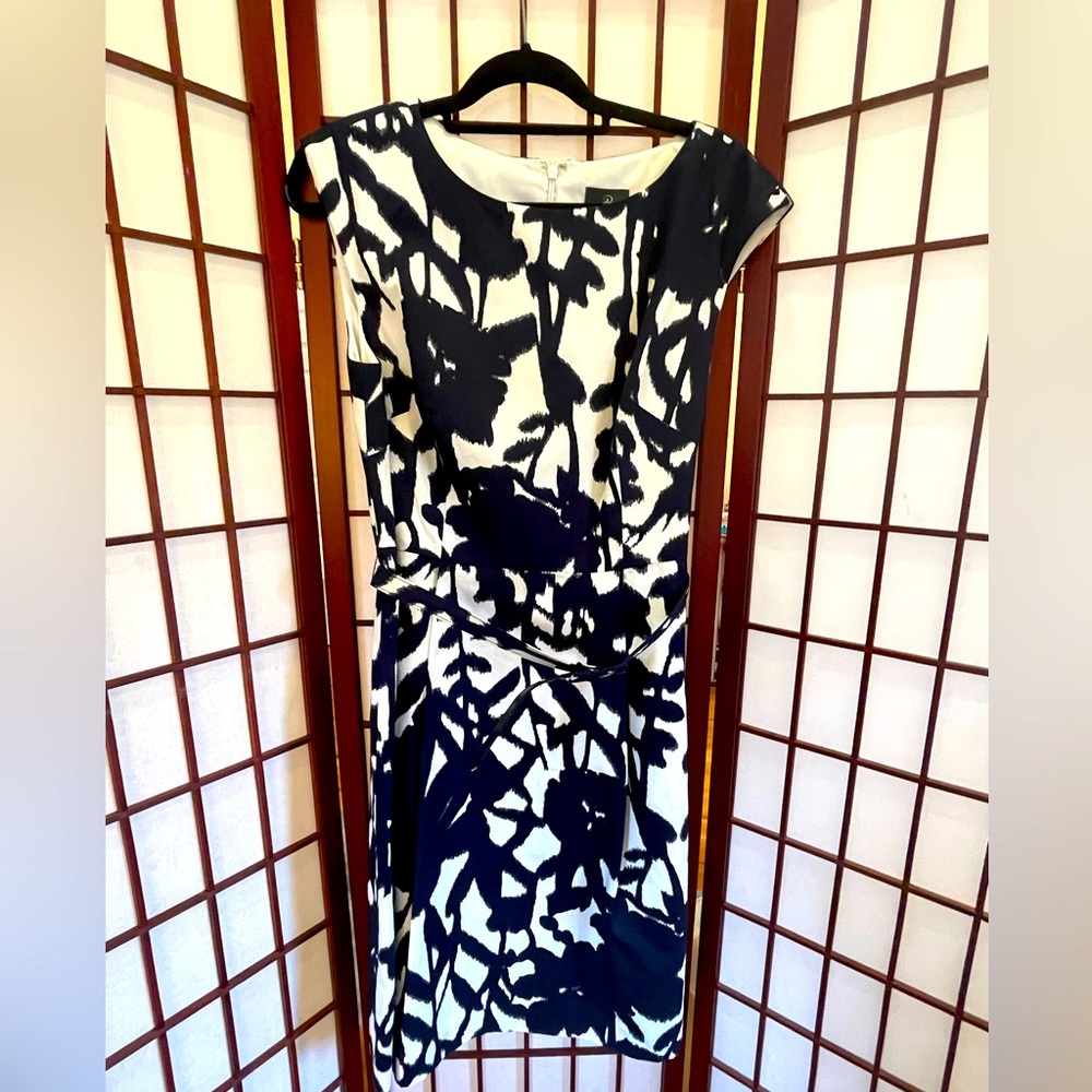 Brand new fit and flare Adriana Papell blue and white dress.